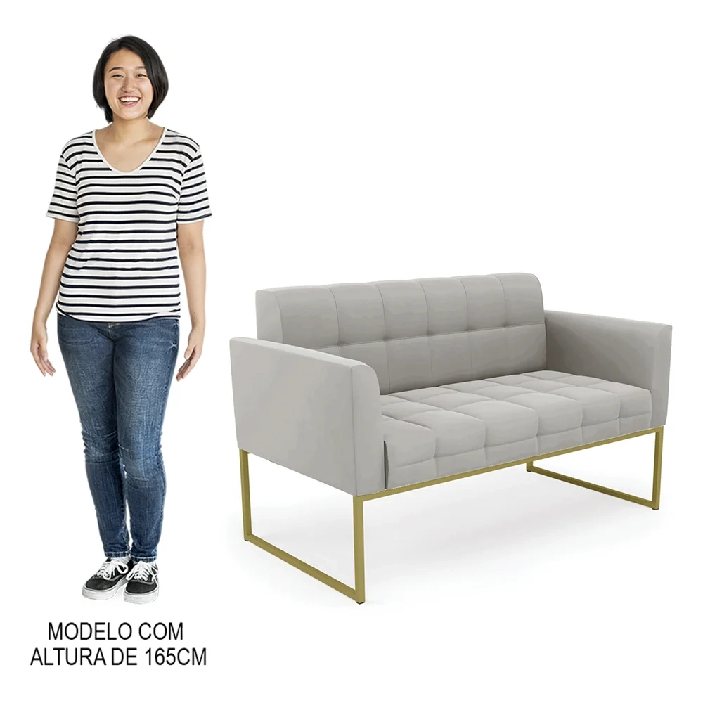 Sofá Namoradeira e 1 Poltrona Base Industrial Dourado Ana Veludo Cinza - Ibiza