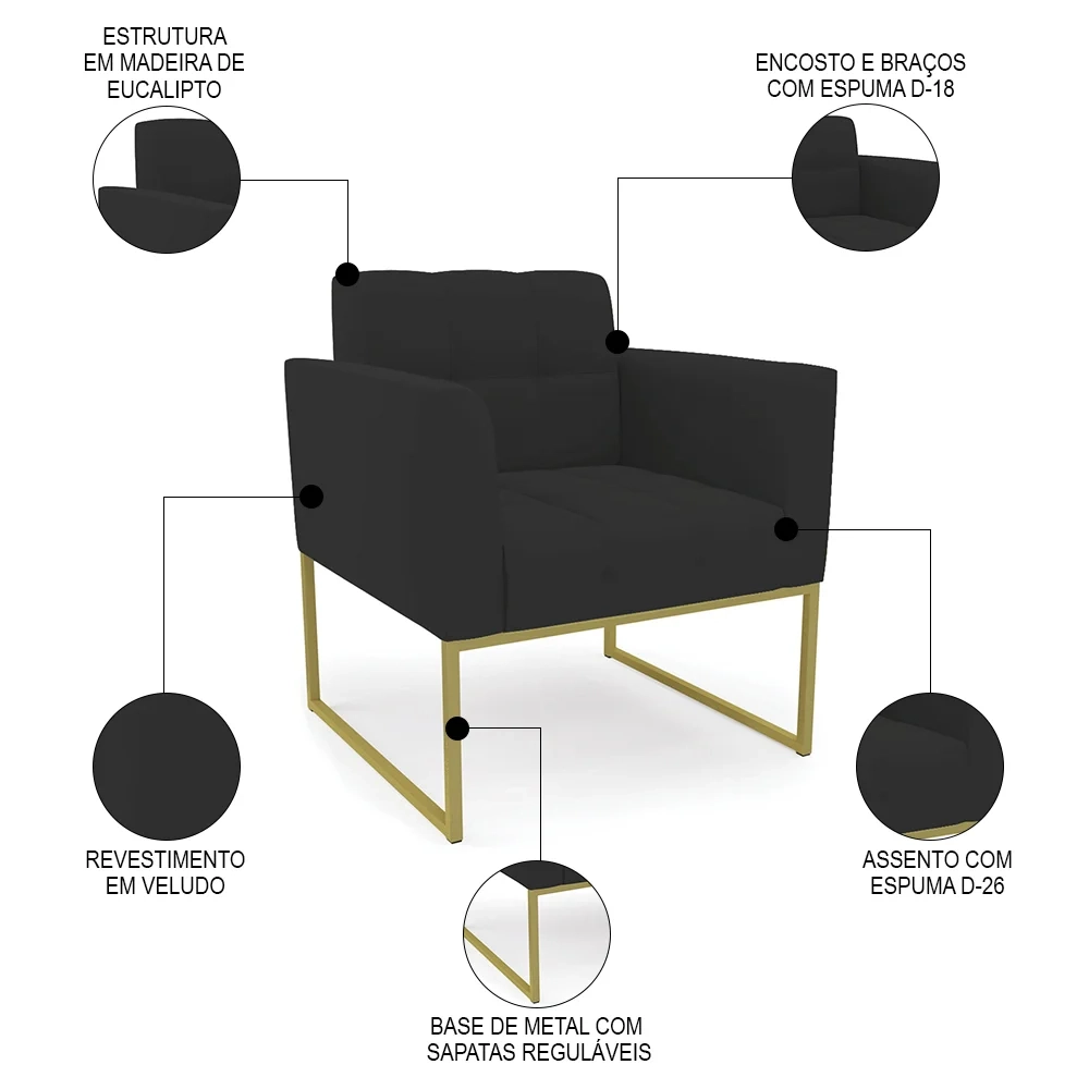 Sofá Namoradeira e 1 Poltrona Base Industrial Dourado Ana Veludo Preto - Ibiza