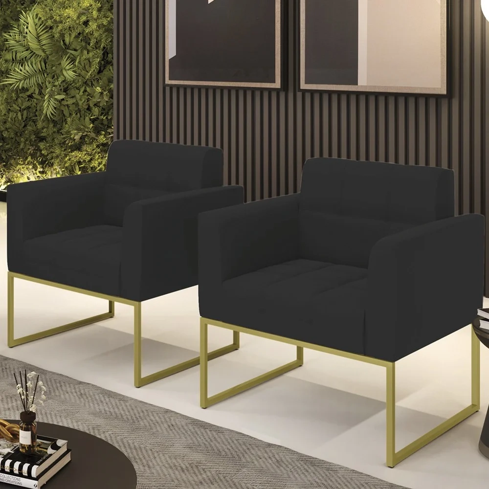 Sofá Namoradeira e 1 Poltrona Base Industrial Dourado Ana Veludo Preto - Ibiza