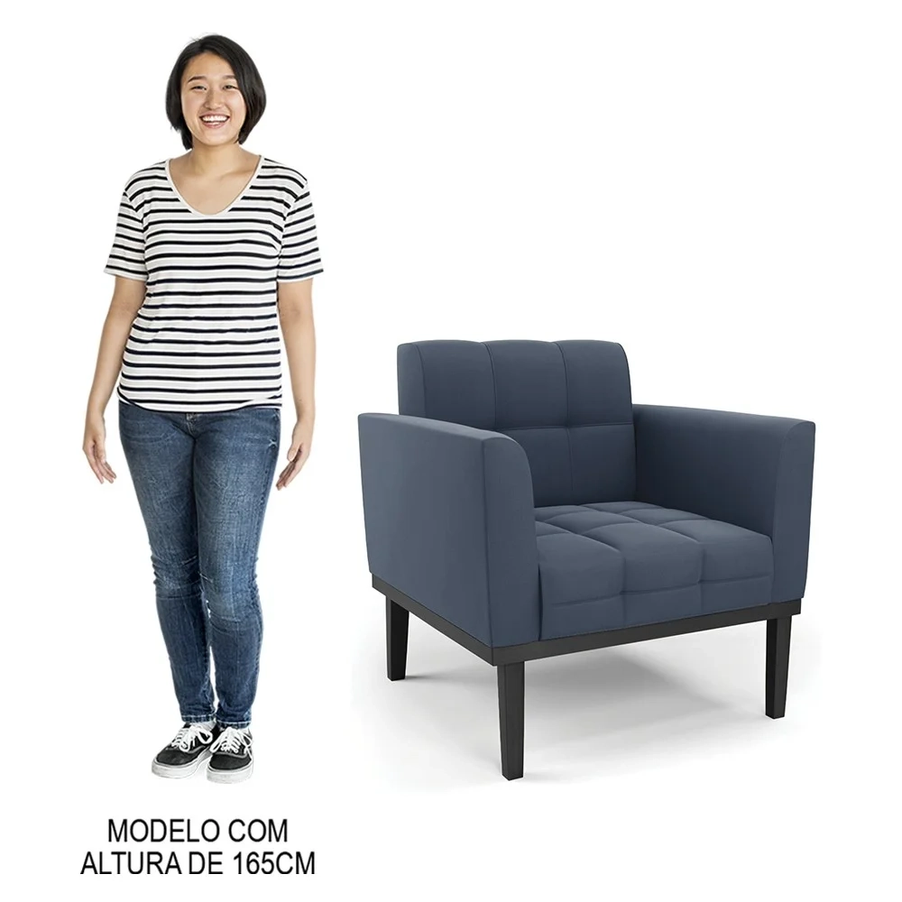 Sofá Namoradeira e 2 Poltronas Base Madeira Preto Ana Suede Azul Marinho - Ibiza