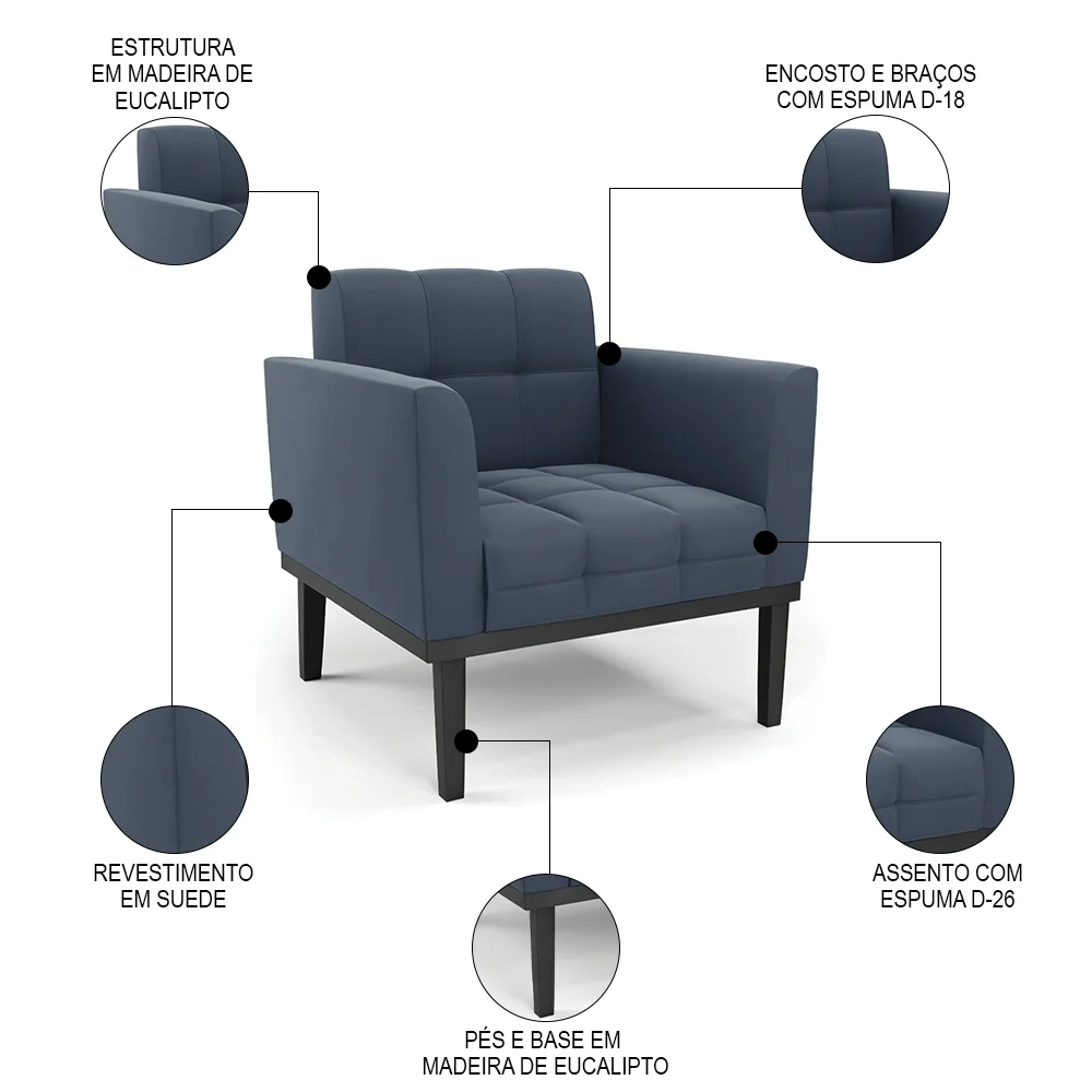 Sofá Namoradeira e 2 Poltronas Base Madeira Preto Ana Suede Azul Marinho - Ibiza