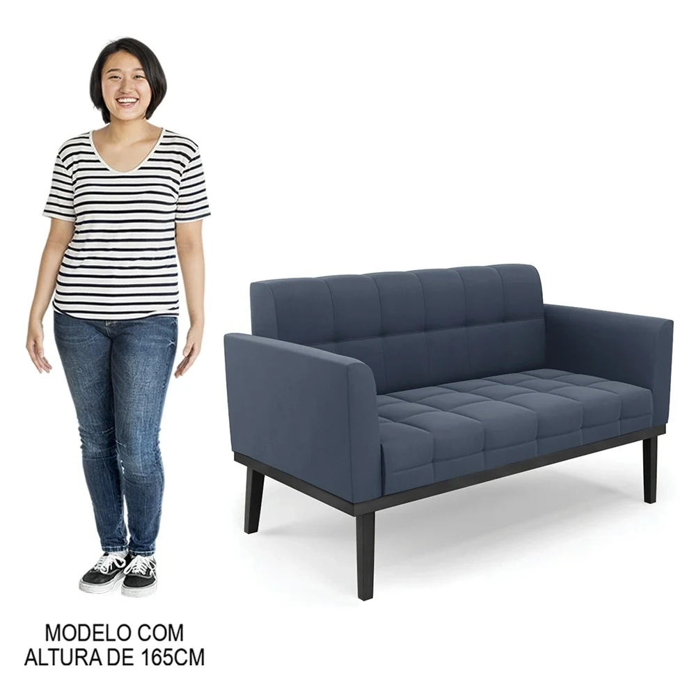 Sofá Namoradeira e 2 Poltronas Base Madeira Preto Ana Suede Azul Marinho - Ibiza