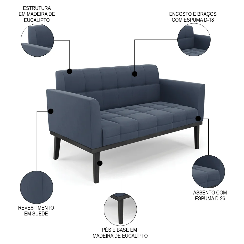 Sofá Namoradeira e 2 Poltronas Base Madeira Preto Ana Suede Azul Marinho - Ibiza