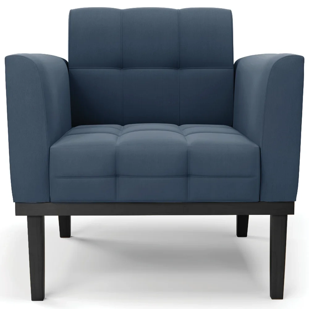 Sofá Namoradeira e 2 Poltronas Base Madeira Preto Ana Suede Azul Marinho - Ibiza