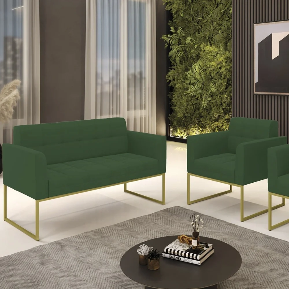 Sofá Namoradeira e 1 Poltrona Base Industrial Dourado Ana Veludo Verde - Ibiza