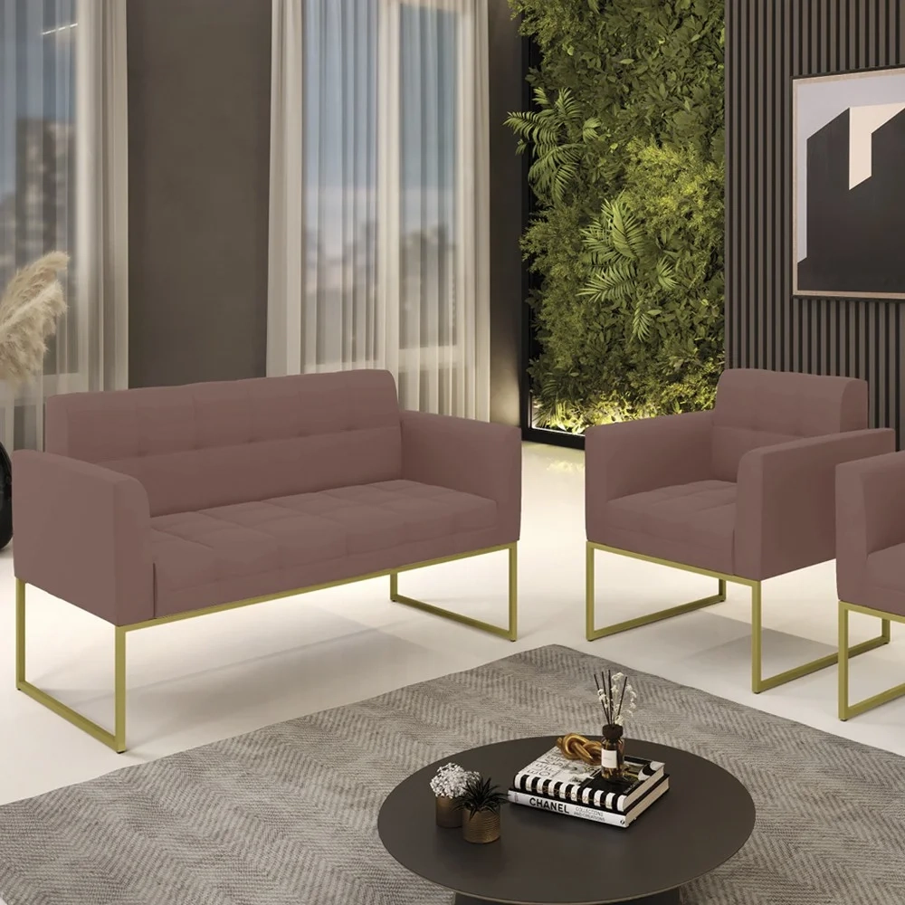 Sofá Namoradeira e 1 Poltrona Base Industrial Dourado Ana Veludo Rosê - Ibiza