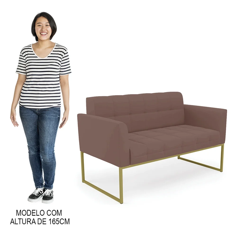 Sofá Namoradeira e 1 Poltrona Base Industrial Dourado Ana Veludo Rosê - Ibiza