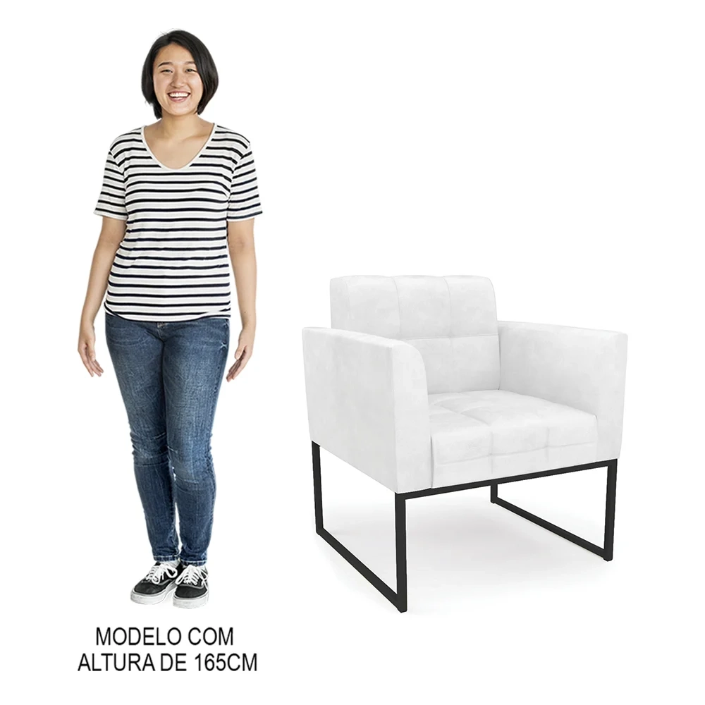 Sofá Namoradeira e 1 Poltrona Base Industrial Preto Ana Sintético PU Branco - Ibiza