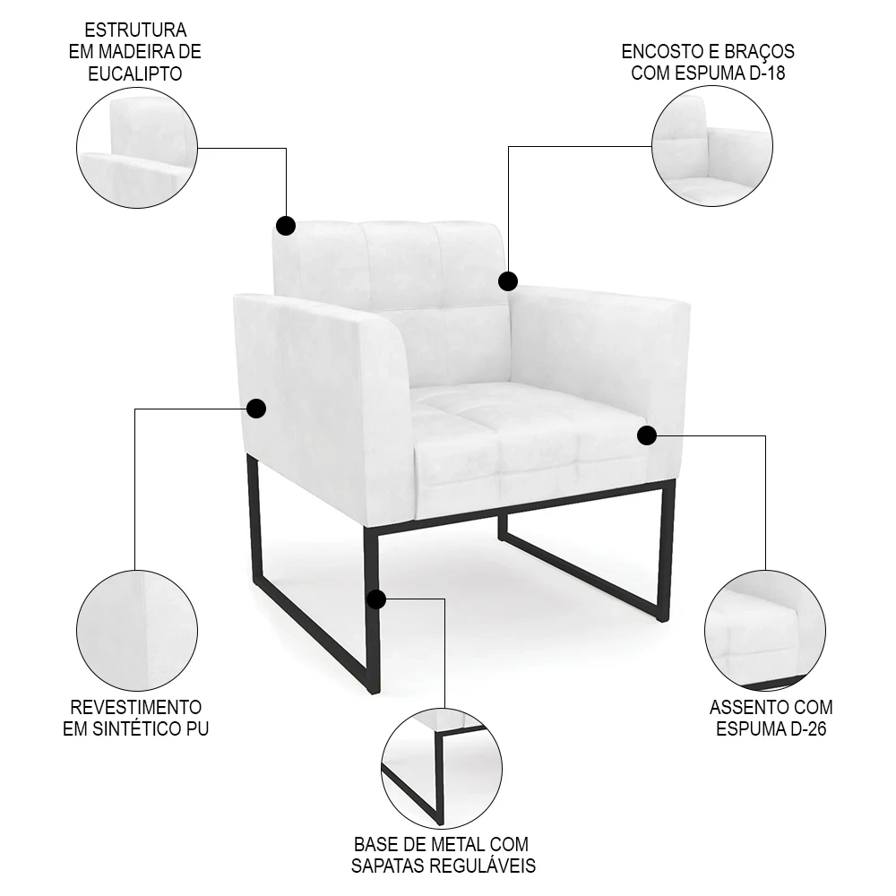 Sofá Namoradeira e 1 Poltrona Base Industrial Preto Ana Sintético PU Branco - Ibiza