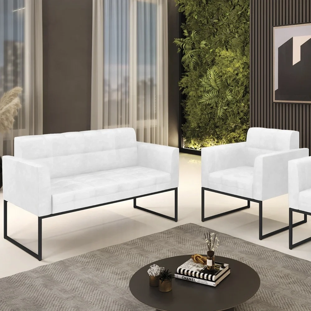 Sofá Namoradeira e 1 Poltrona Base Industrial Preto Ana Sintético PU Branco - Ibiza