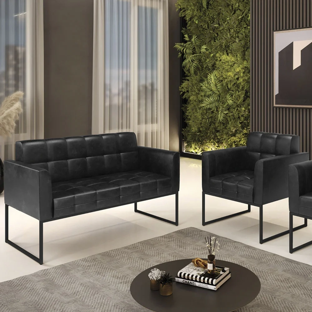 Sofá Namoradeira e 1 Poltrona Base Industrial Preto Ana Sintético PU Preto - Ibiza