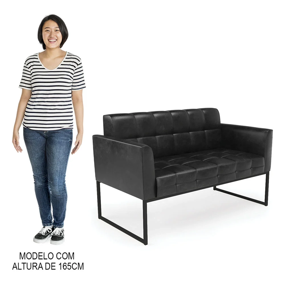 Sofá Namoradeira e 1 Poltrona Base Industrial Preto Ana Sintético PU Preto - Ibiza