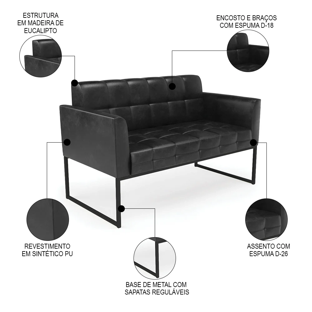 Sofá Namoradeira e 1 Poltrona Base Industrial Preto Ana Sintético PU Preto - Ibiza