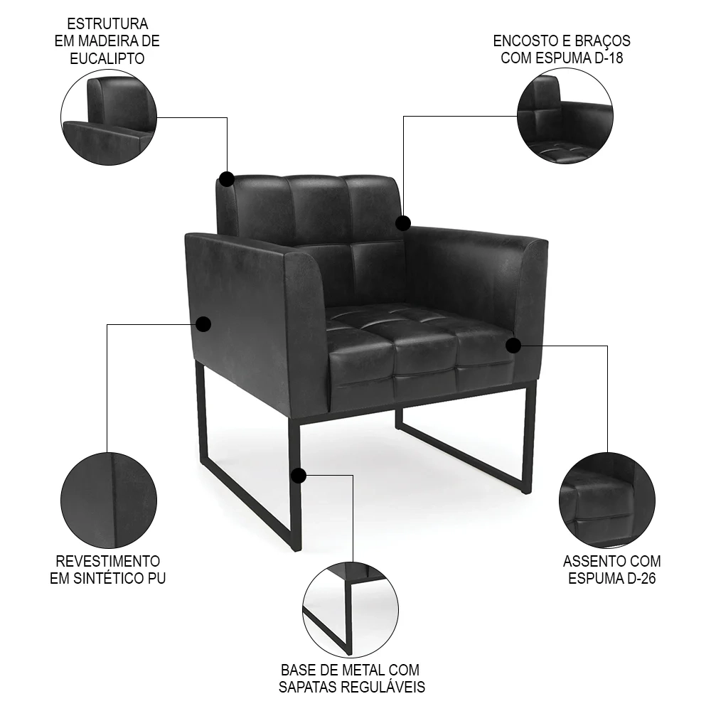 Sofá Namoradeira e 1 Poltrona Base Industrial Preto Ana Sintético PU Preto - Ibiza