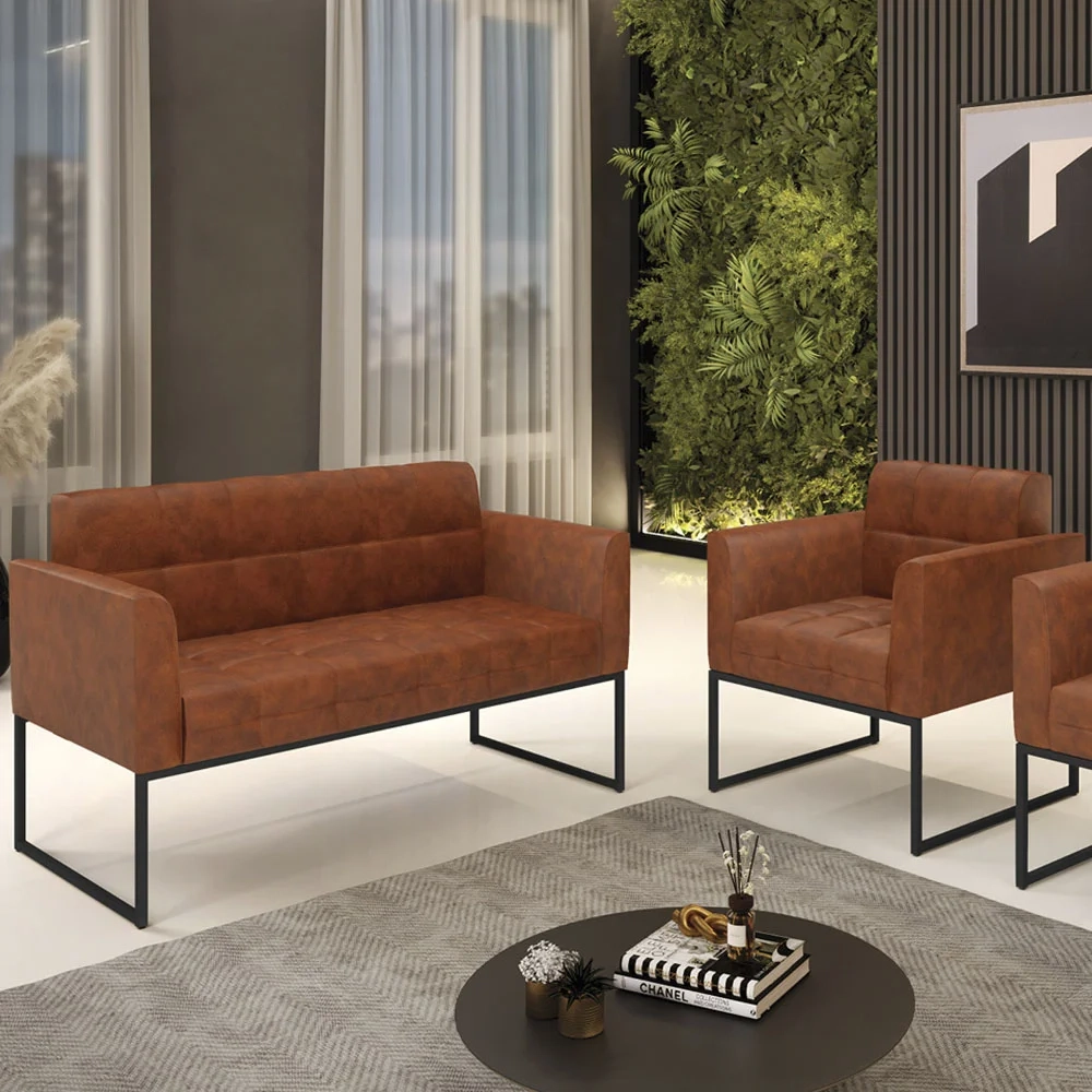 Sofá Namoradeira e 1 Poltrona Base Industrial Preto Ana Sintético PU Nozes - Ibiza