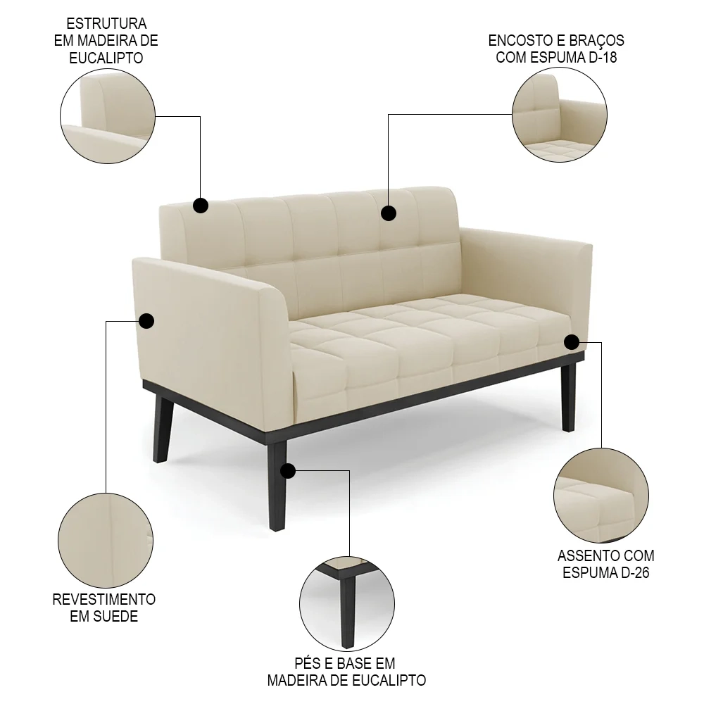 Sofá Namoradeira e 2 Poltronas Base Madeira Preto Ana Suede Bege - Ibiza
