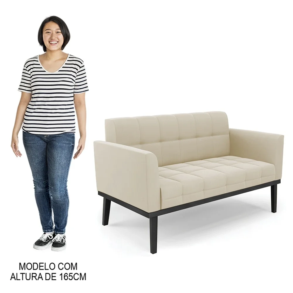 Sofá Namoradeira e 2 Poltronas Base Madeira Preto Ana Suede Bege - Ibiza