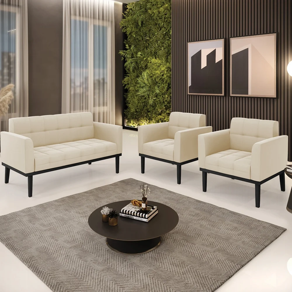 Sofá Namoradeira e 2 Poltronas Base Madeira Preto Ana Suede Bege - Ibiza