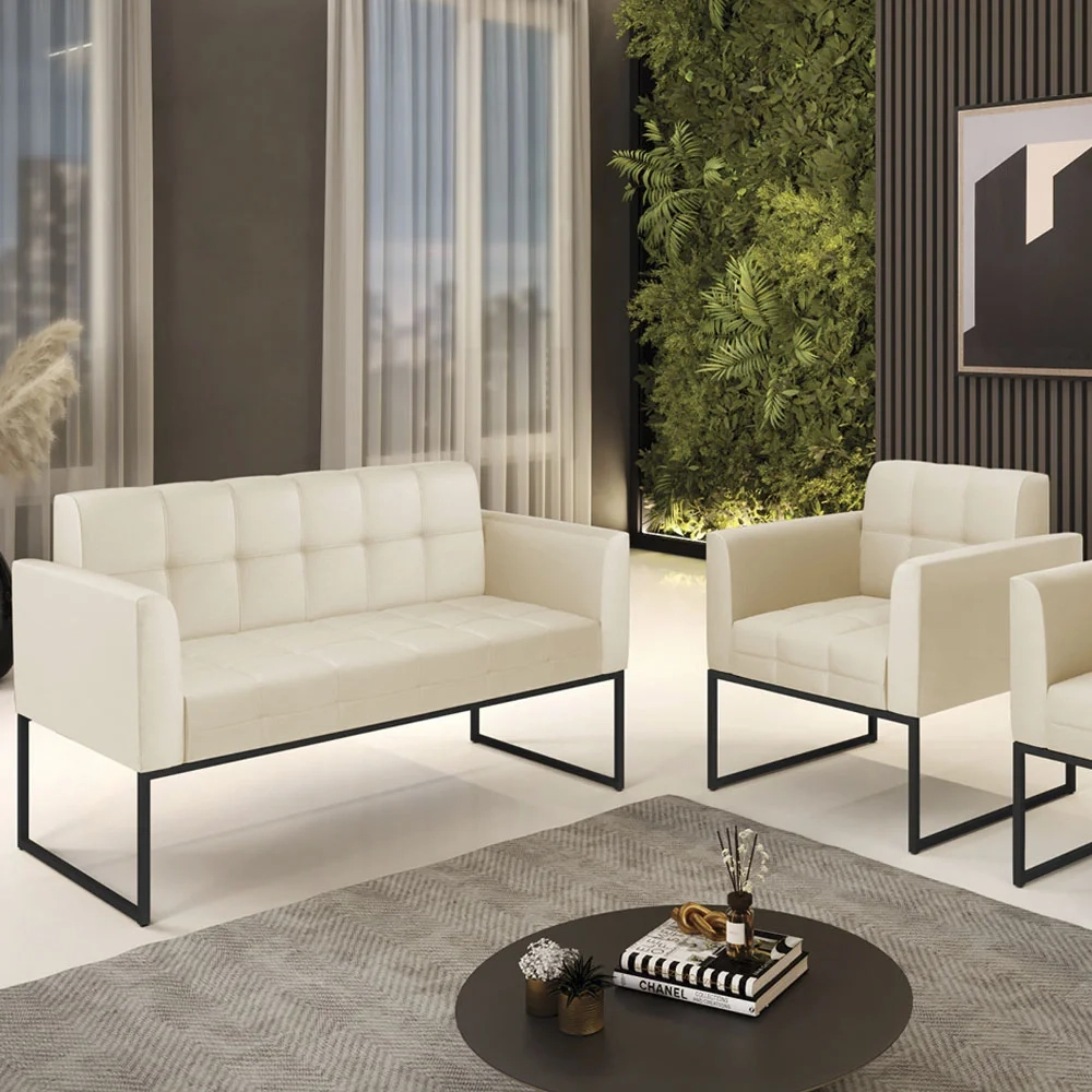 Sofá Namoradeira e 1 Poltrona Base Industrial Preto Ana Sintético Bege - Ibiza