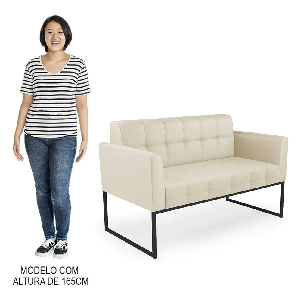 Sofá Namoradeira e 1 Poltrona Base Industrial Preto Ana Sintético Bege - Ibiza