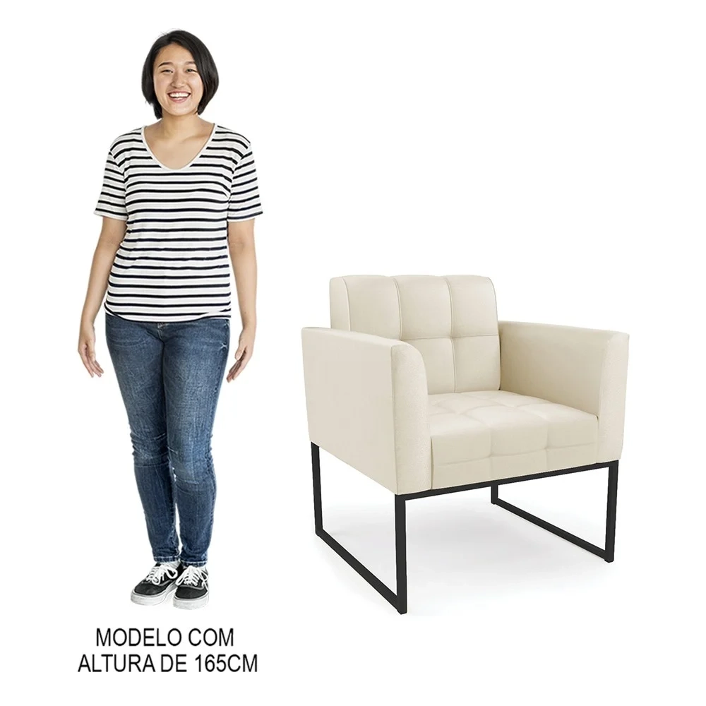 Sofá Namoradeira e 1 Poltrona Base Industrial Preto Ana Sintético Bege - Ibiza