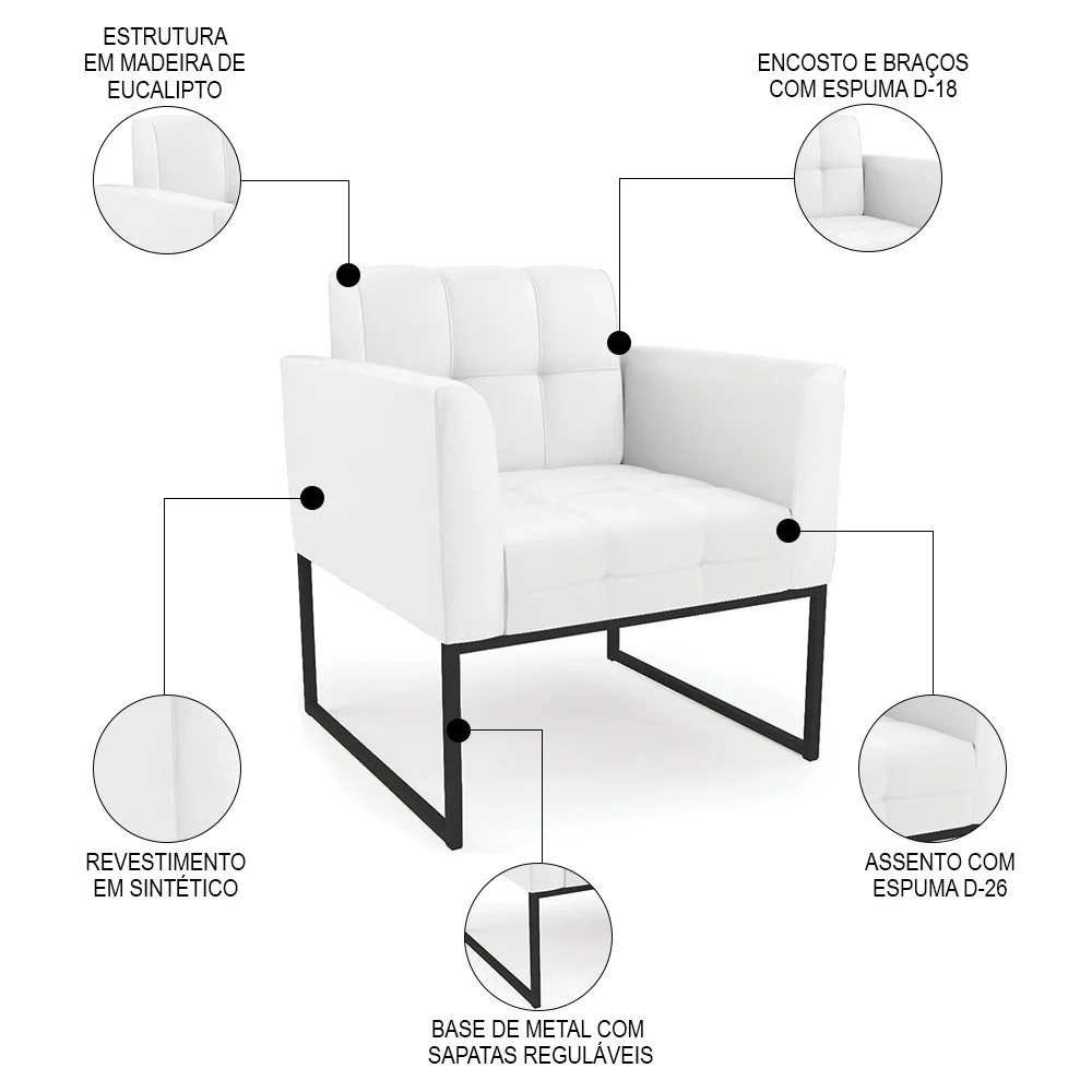 Sofá Namoradeira e 1 Poltrona Base Industrial Preto Ana Sintético Branco - Ibiza