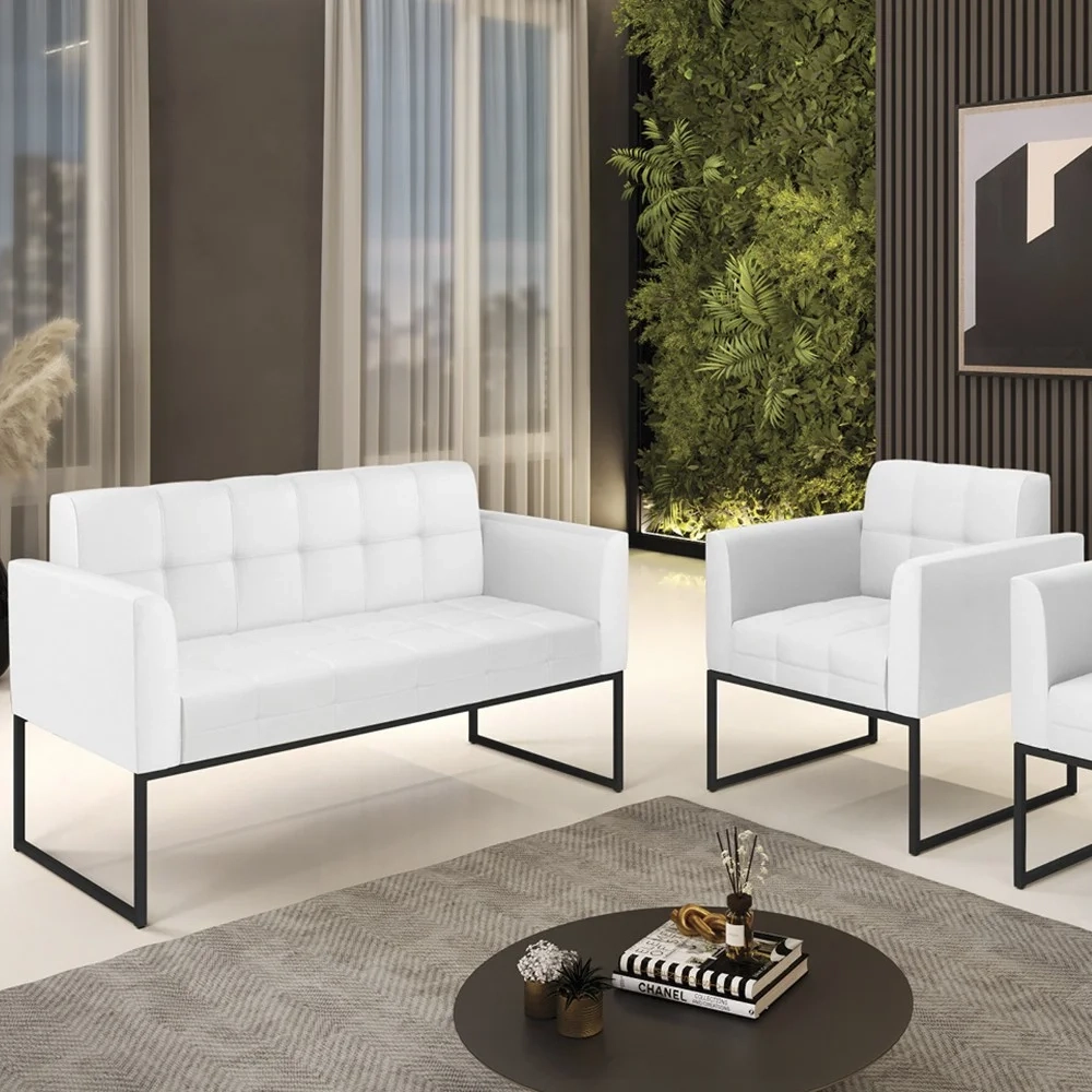 Sofá Namoradeira e 1 Poltrona Base Industrial Preto Ana Sintético Branco - Ibiza