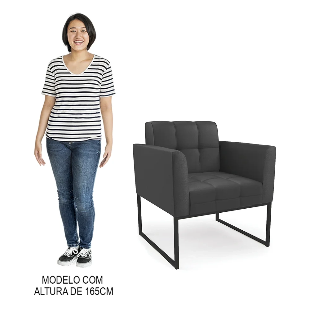 Sofá Namoradeira e 1 Poltrona Base Industrial Preto Ana Sintético Preto - Ibiza