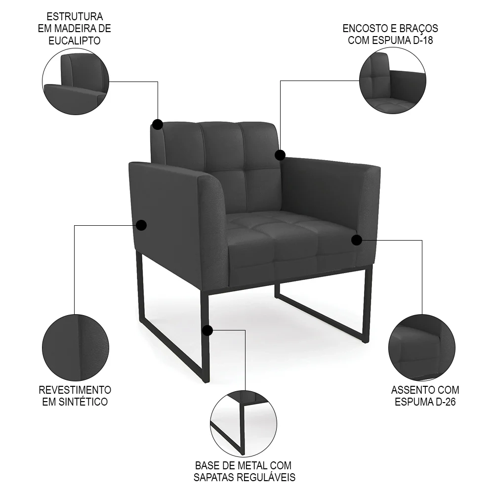 Sofá Namoradeira e 1 Poltrona Base Industrial Preto Ana Sintético Preto - Ibiza