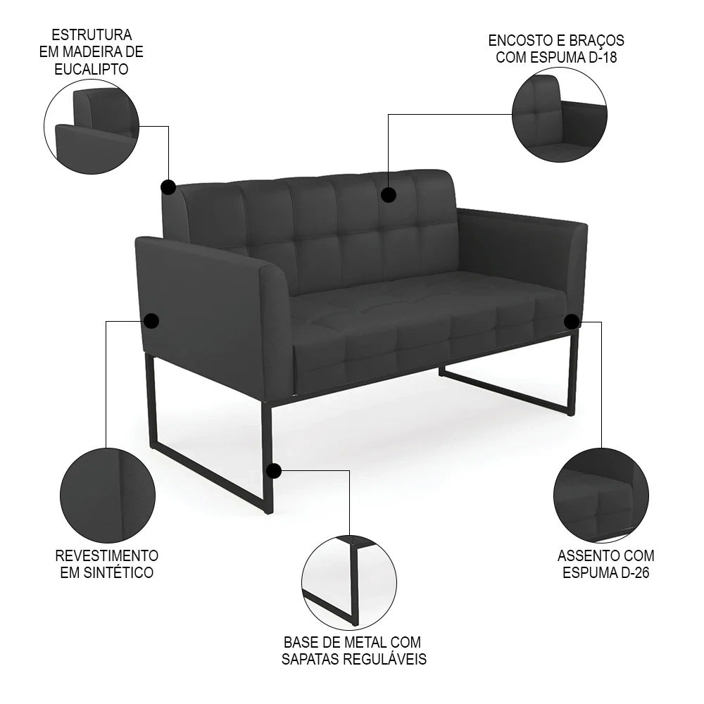 Sofá Namoradeira e 1 Poltrona Base Industrial Preto Ana Sintético Preto - Ibiza