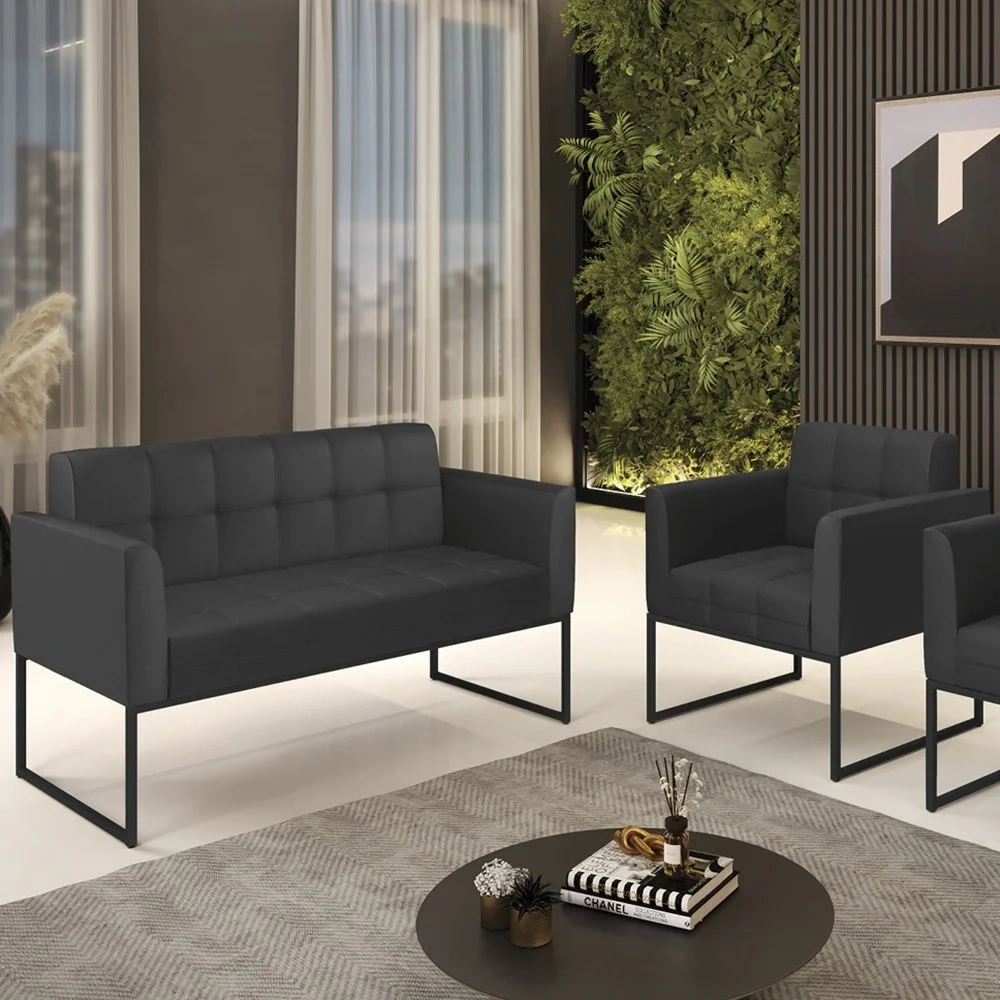 Sofá Namoradeira e 1 Poltrona Base Industrial Preto Ana Sintético Preto - Ibiza