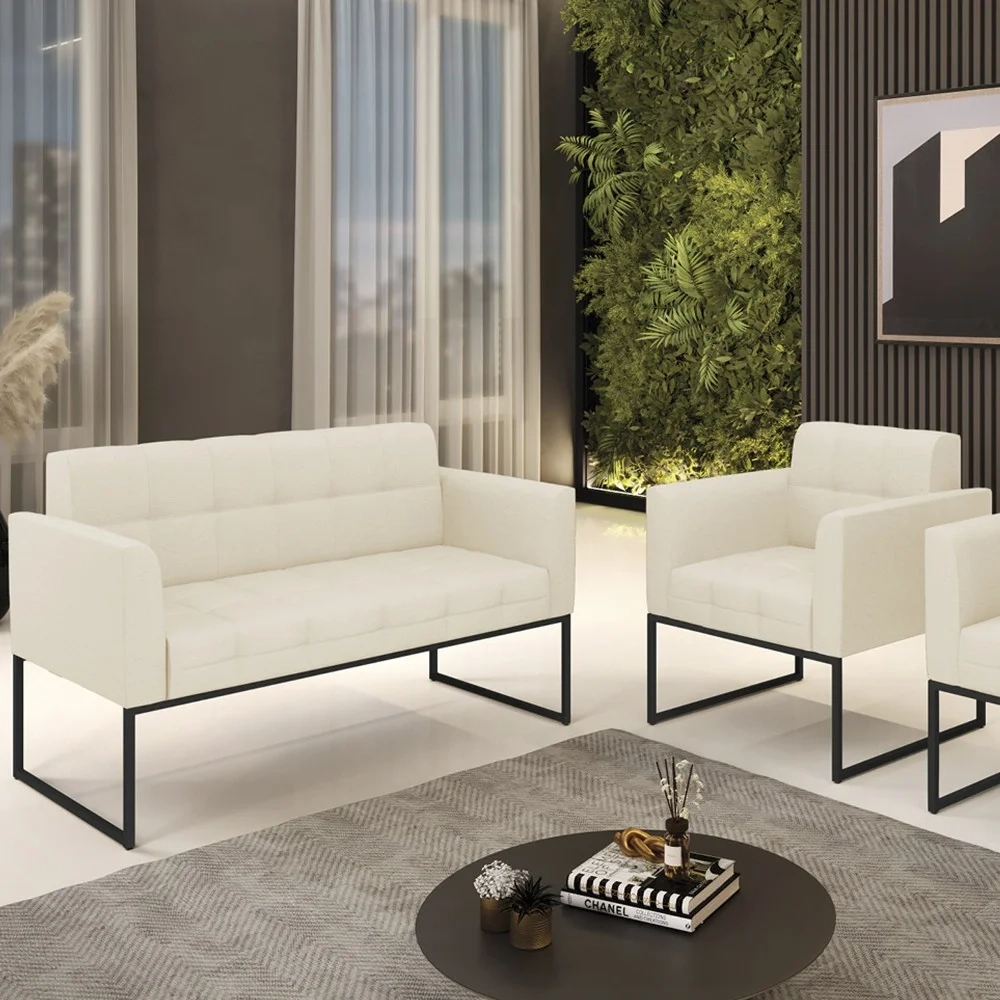 Sofá Namoradeira e 1 Poltrona Base Industrial Preto Ana Linho Bege - Ibiza