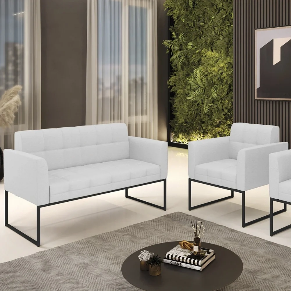 Sofá Namoradeira e 1 Poltrona Base Industrial Preto Ana Linho Cinza - Ibiza