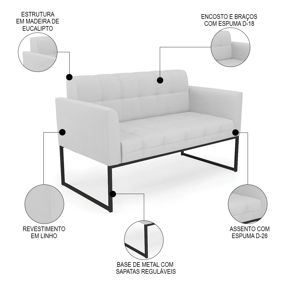 Sofá Namoradeira e 1 Poltrona Base Industrial Preto Ana Linho Cinza - Ibiza