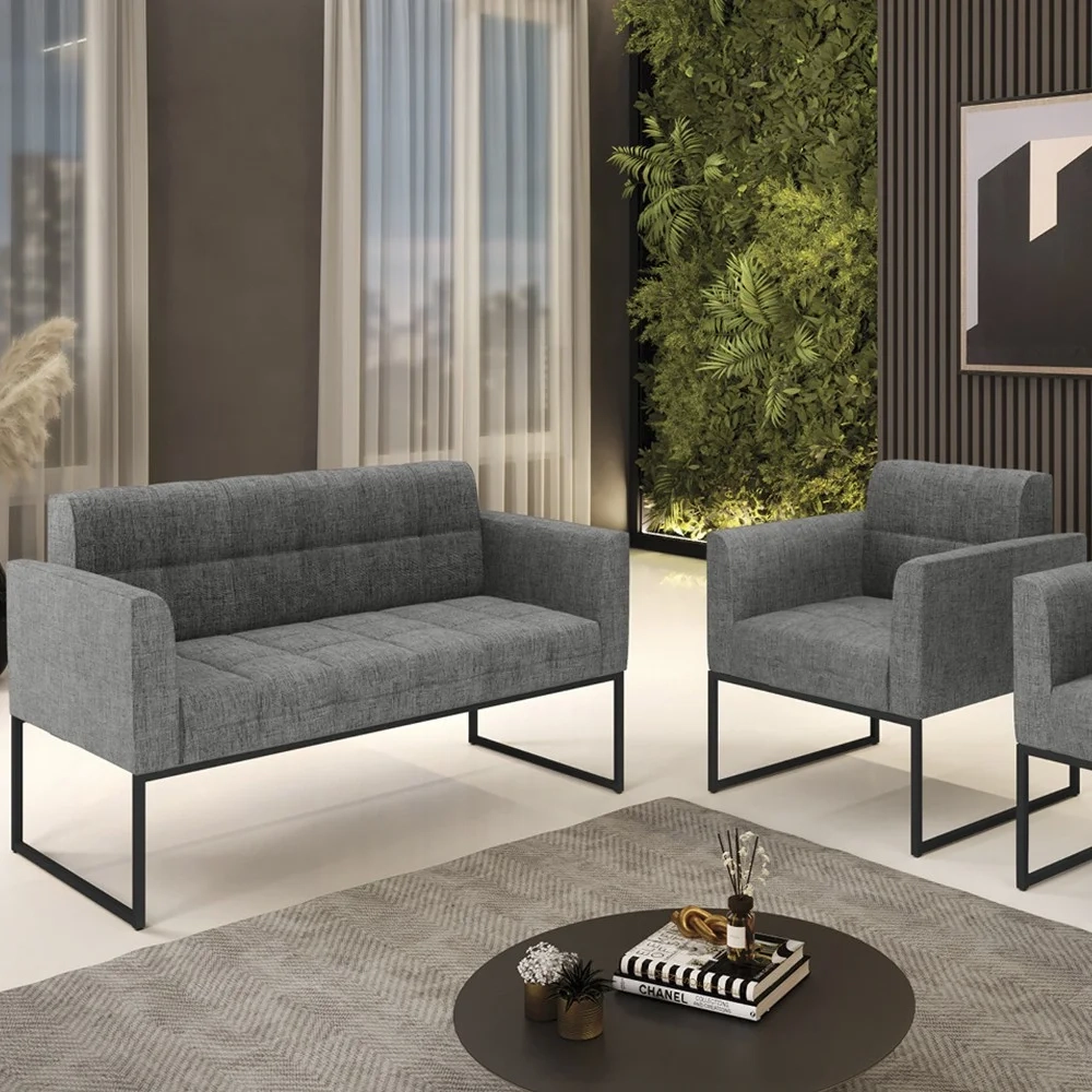 Sofá Namoradeira e 1 Poltrona Base Industrial Preto Ana Linho Grafite - Ibiza