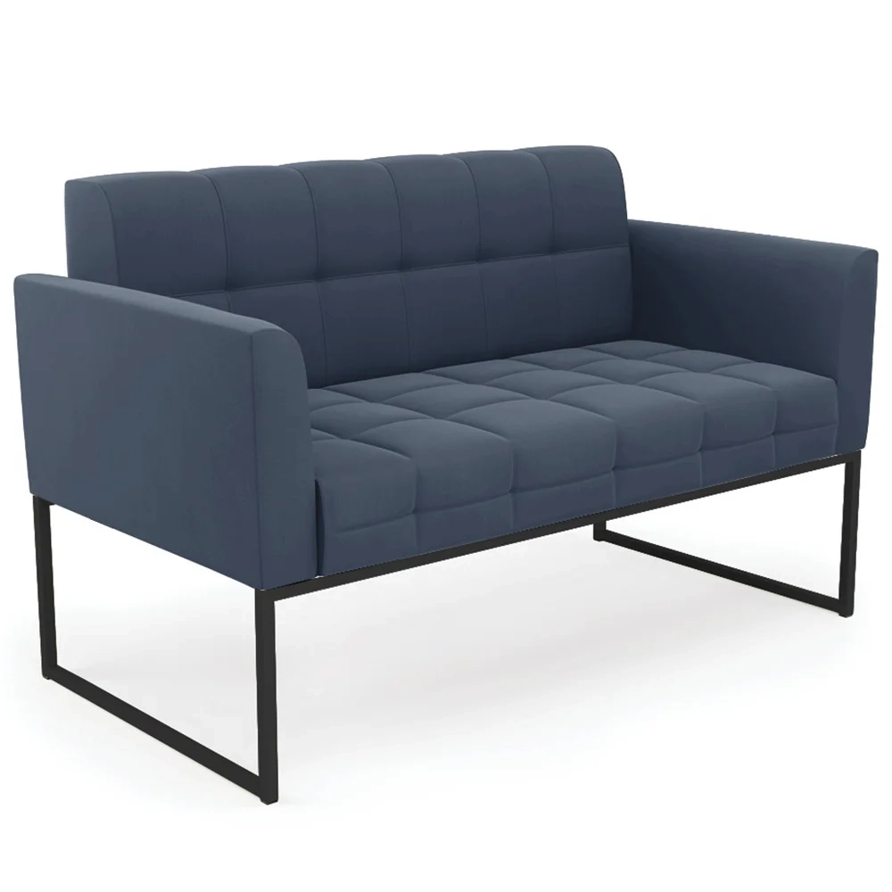 Sofá Namoradeira e 1 Poltrona Base Industrial Preto Ana Suede Azul Marinho - Ibiza