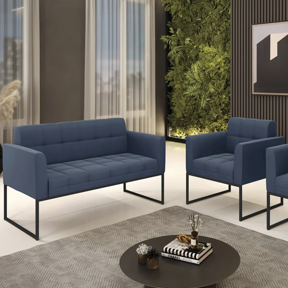 Sofá Namoradeira e 1 Poltrona Base Industrial Preto Ana Suede Azul Marinho - Ibiza