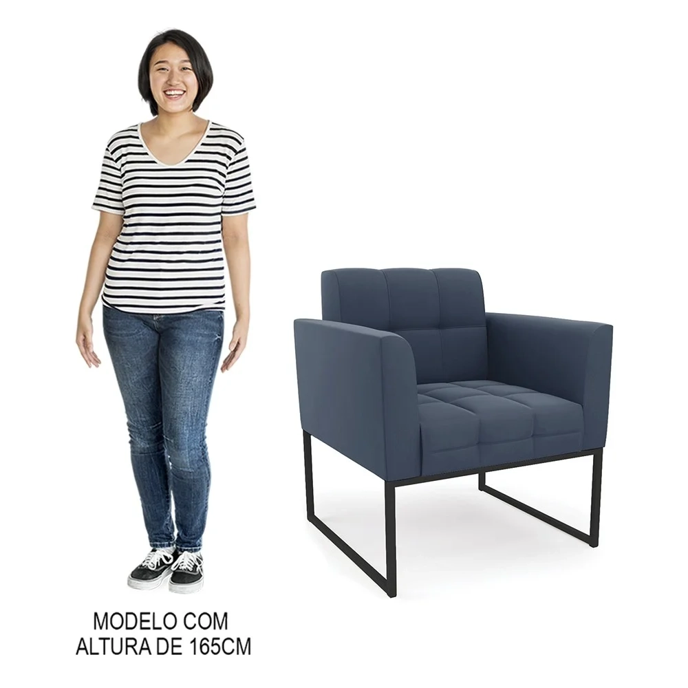 Sofá Namoradeira e 1 Poltrona Base Industrial Preto Ana Suede Azul Marinho - Ibiza