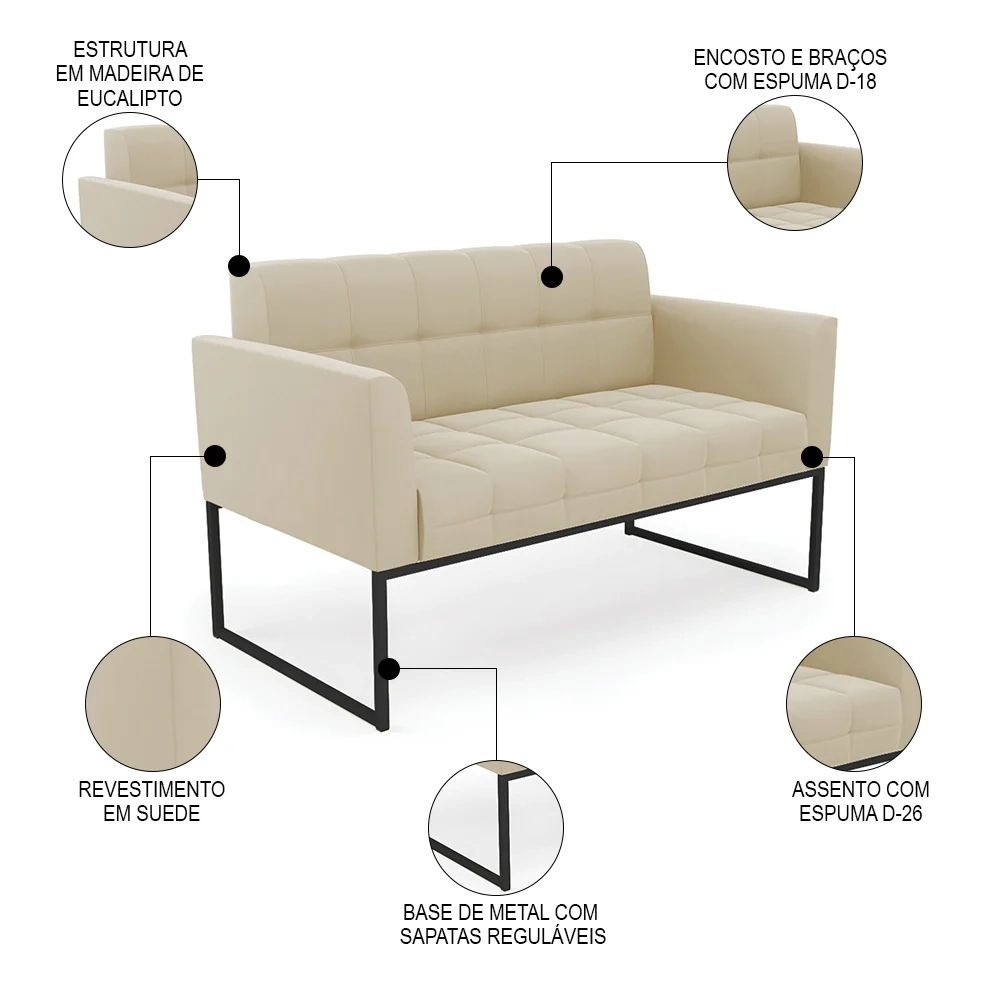 Sofá Namoradeira e 1 Poltrona Base Industrial Preto Ana Suede Bege - Ibiza