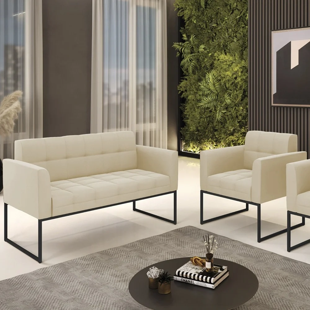 Sofá Namoradeira e 1 Poltrona Base Industrial Preto Ana Suede Bege - Ibiza