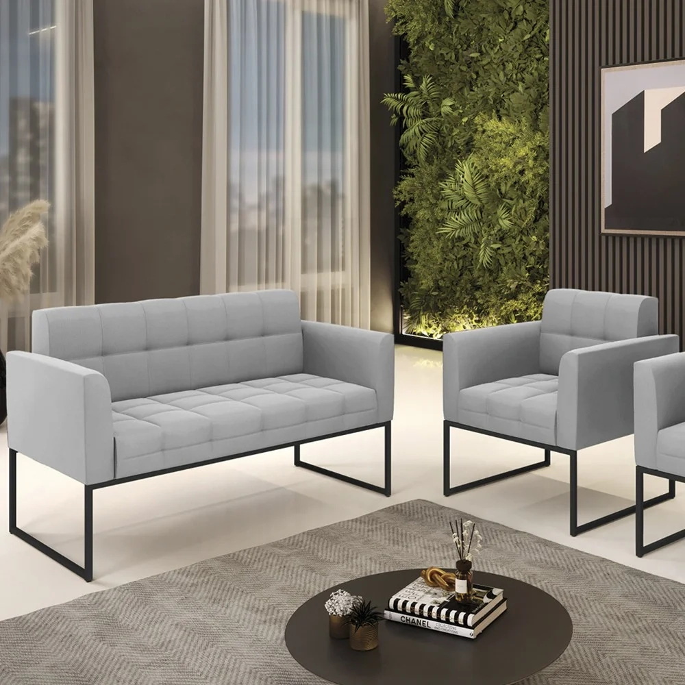 Sofá Namoradeira e 1 Poltrona Base Industrial Preto Ana Suede Cinza - Ibiza