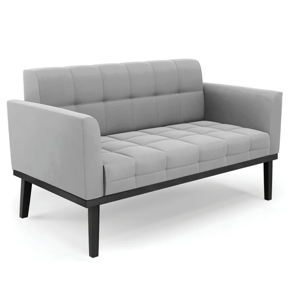 Sofá Namoradeira e 2 Poltronas Base Madeira Preto Ana Suede Cinza - Ibiza