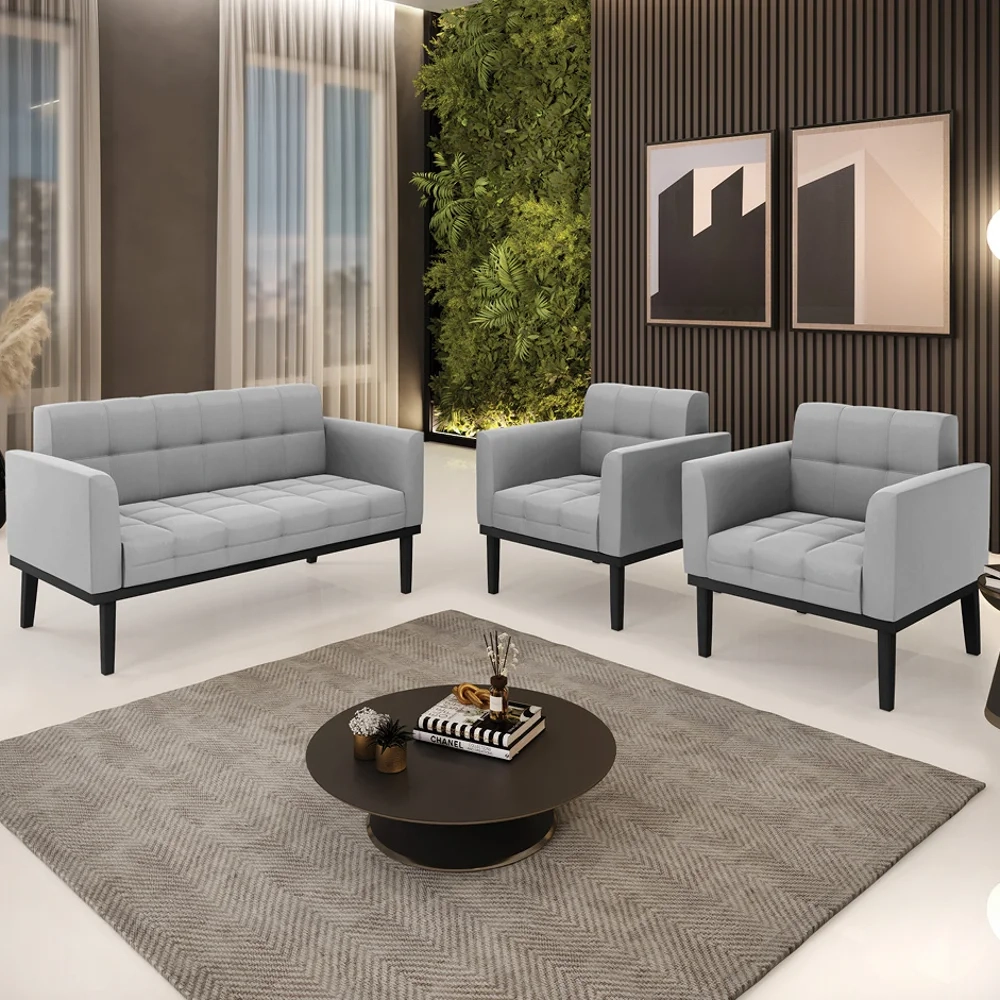 Sofá Namoradeira e 2 Poltronas Base Madeira Preto Ana Suede Cinza - Ibiza