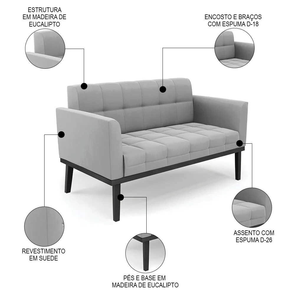 Sofá Namoradeira e 2 Poltronas Base Madeira Preto Ana Suede Cinza - Ibiza