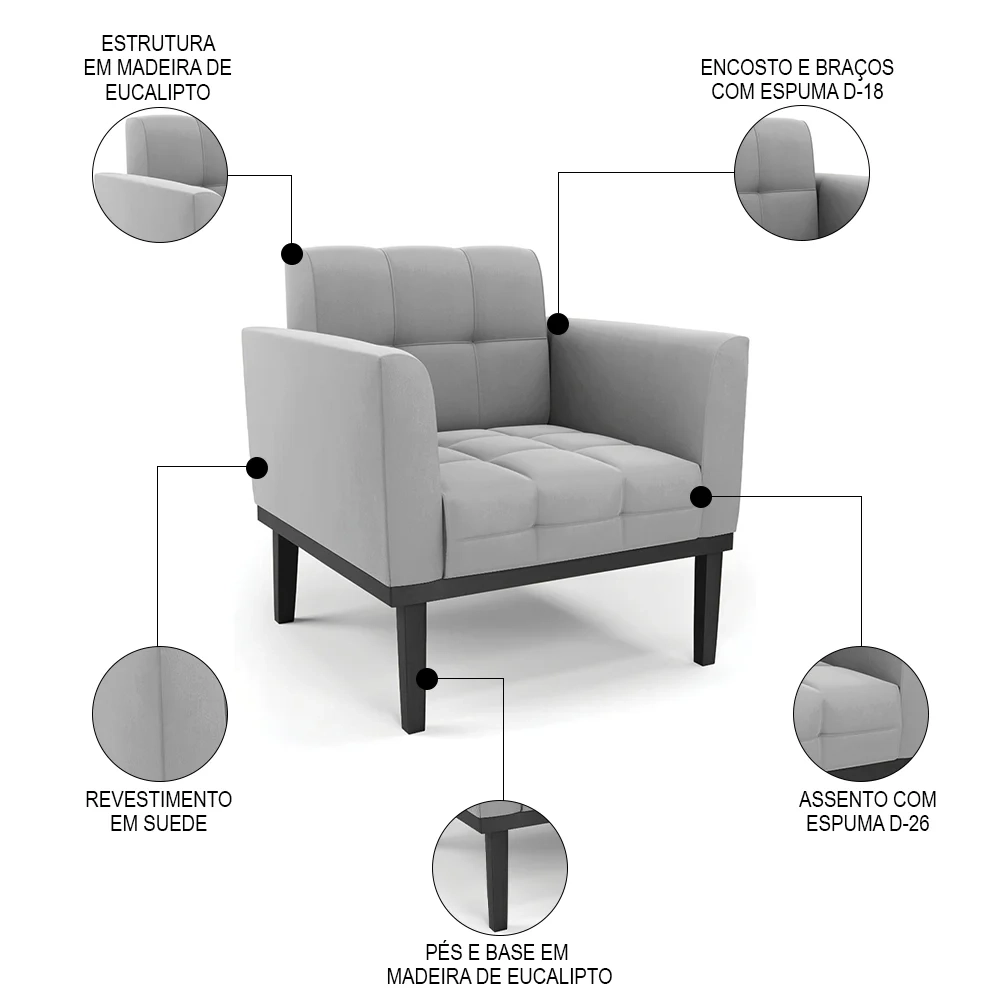 Sofá Namoradeira e 2 Poltronas Base Madeira Preto Ana Suede Cinza - Ibiza