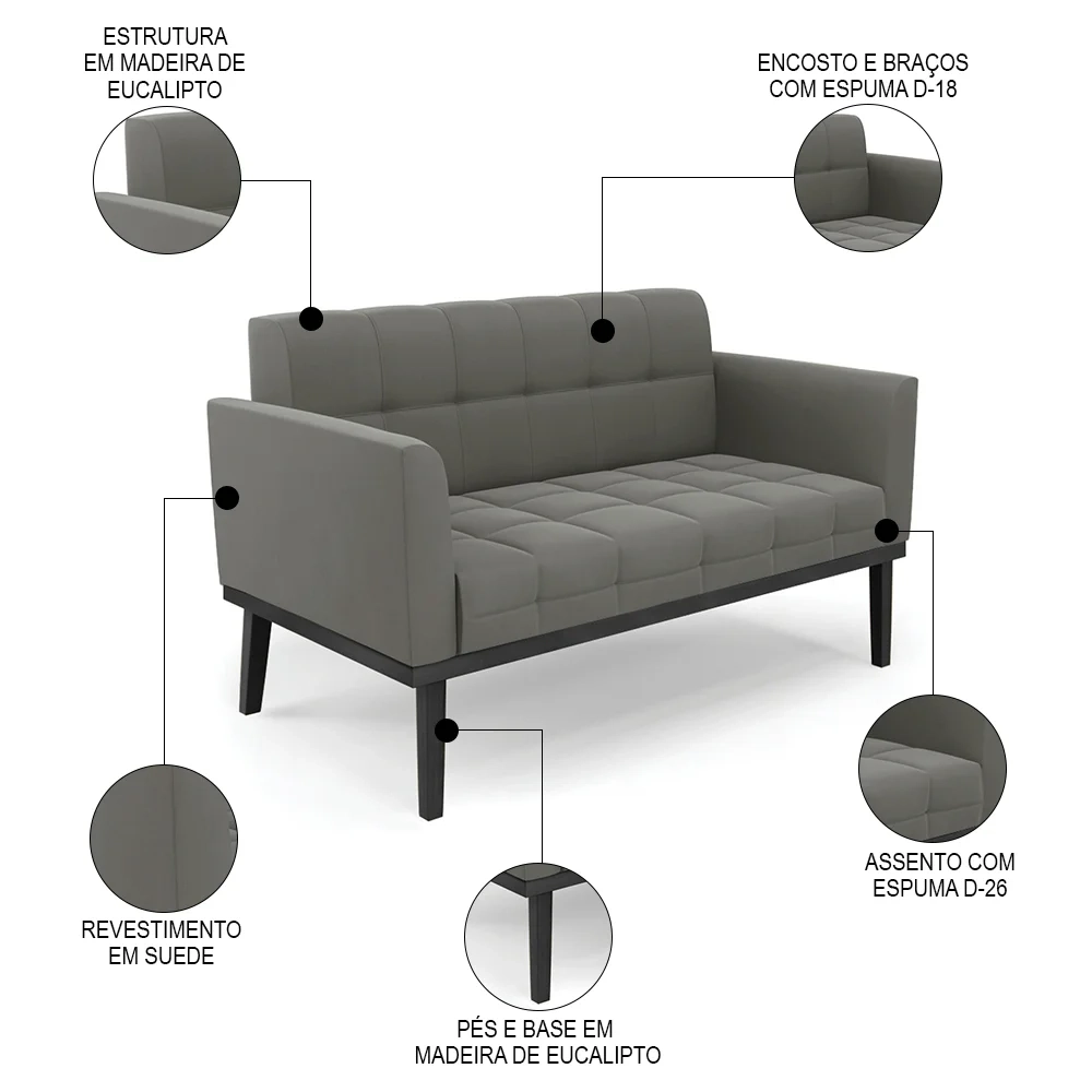 Sofá Namoradeira e 2 Poltronas Base Madeira Preto Ana Suede Grafite - Ibiza