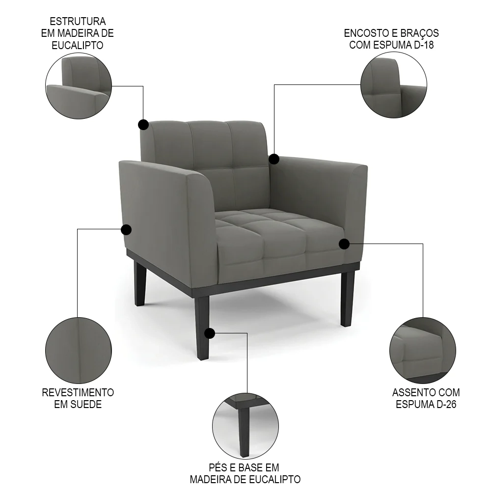 Sofá Namoradeira e 2 Poltronas Base Madeira Preto Ana Suede Grafite - Ibiza