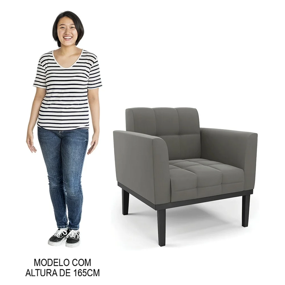 Sofá Namoradeira e 2 Poltronas Base Madeira Preto Ana Suede Grafite - Ibiza