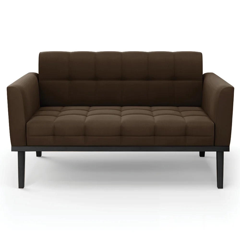 Sofá Namoradeira e 2 Poltronas Base Madeira Preto Ana Suede Marrom - Ibiza