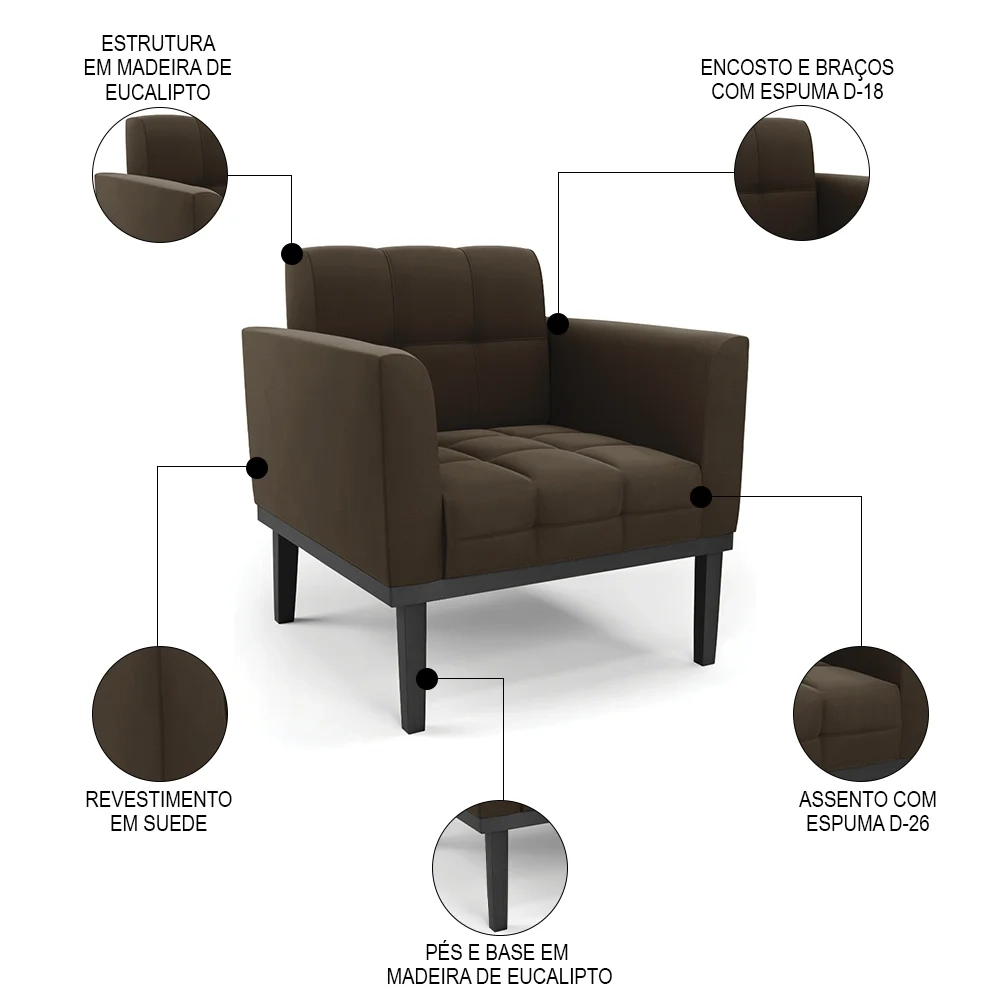 Sofá Namoradeira e 2 Poltronas Base Madeira Preto Ana Suede Marrom - Ibiza